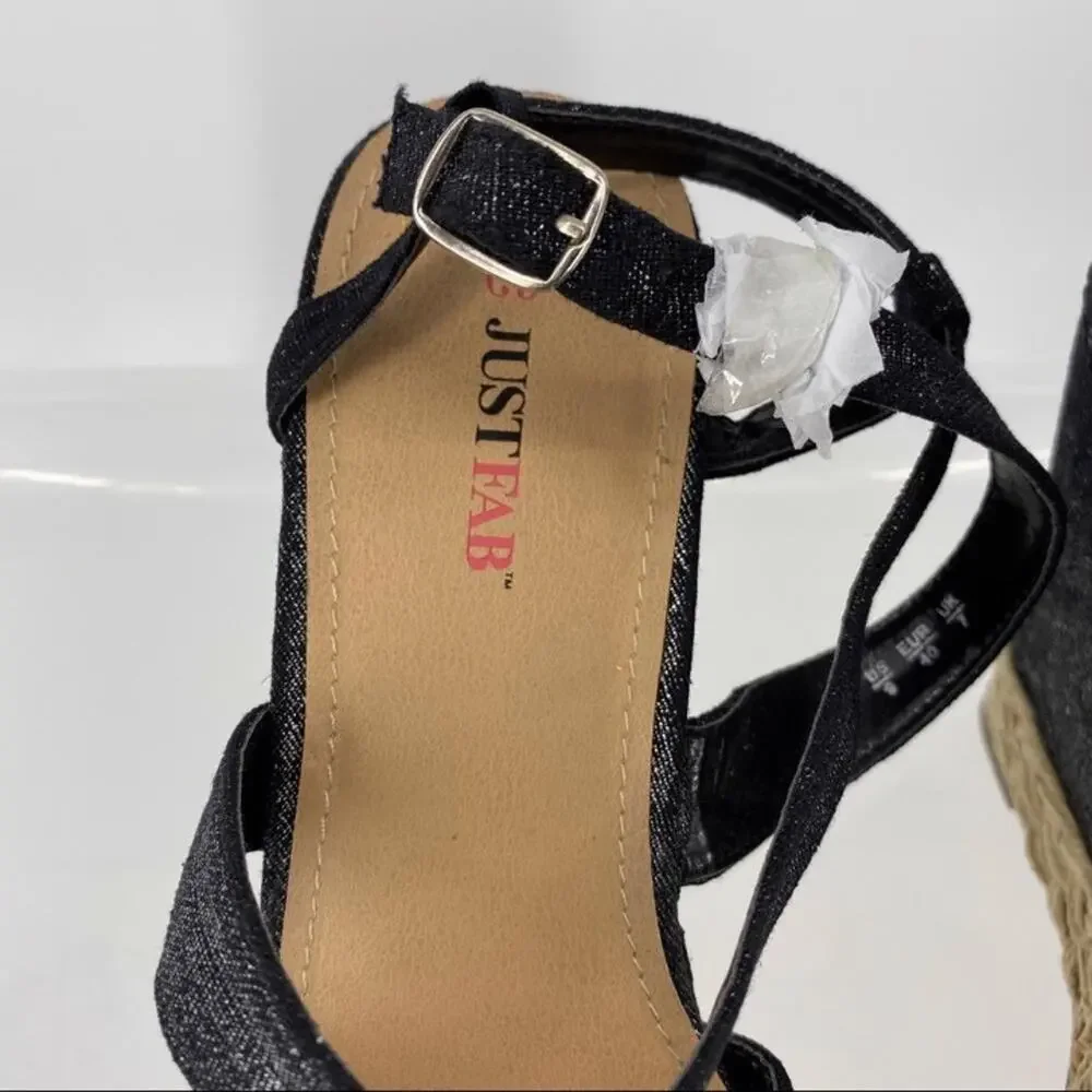 JustFab metallic black canvas cross strap platform wedges braided buckle. Sz 9